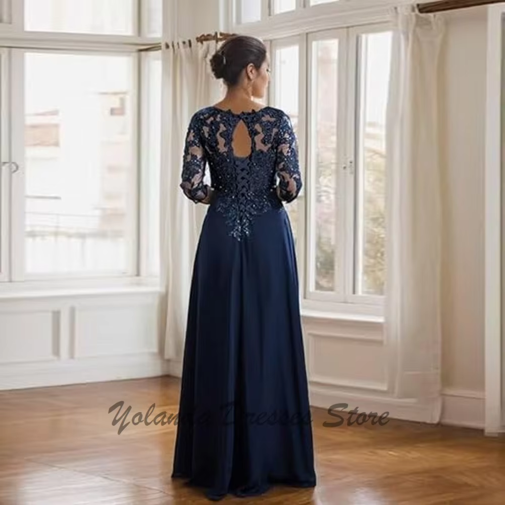 Robes mère de la mariée classiques personnalisées, col en V, manches 3/4, paillettes, robes formelles de soirée en mousseline de soie, appliques à lacets dans le dos