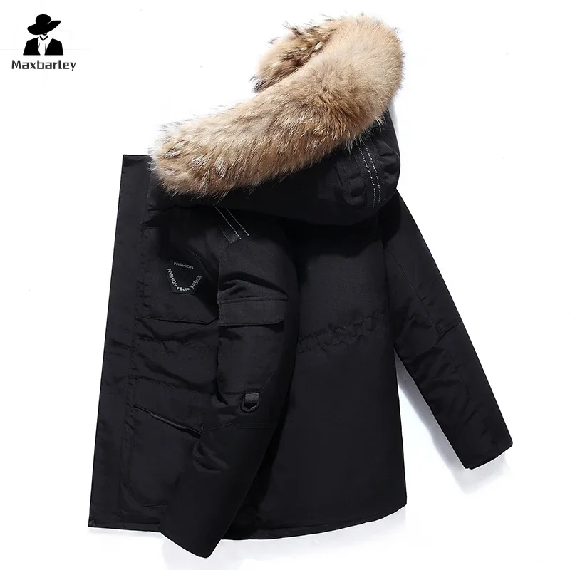 Winter Down Jacket Men's South Korea Running Fur Collar Hooded Luxury White Duck Down Warm Coat Men's Cold-proof Tooling Parka