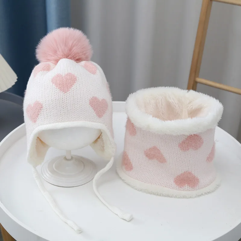Winter gestrickte Kindermütze und Schal-Set, Fleece-Futter, warme Kindermütze, Mütze für Babys, Gehörschutz, Bommel, Kleinkindmütze, 0–3 Jahre