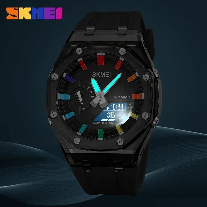 Reloj SKMEI resistente al agua para hombre, cronómetro de cuenta atrás, luz Led, reloj de pulsera con movimiento electrónico, reloj despertador de 5 horas, relojes digitales 2100