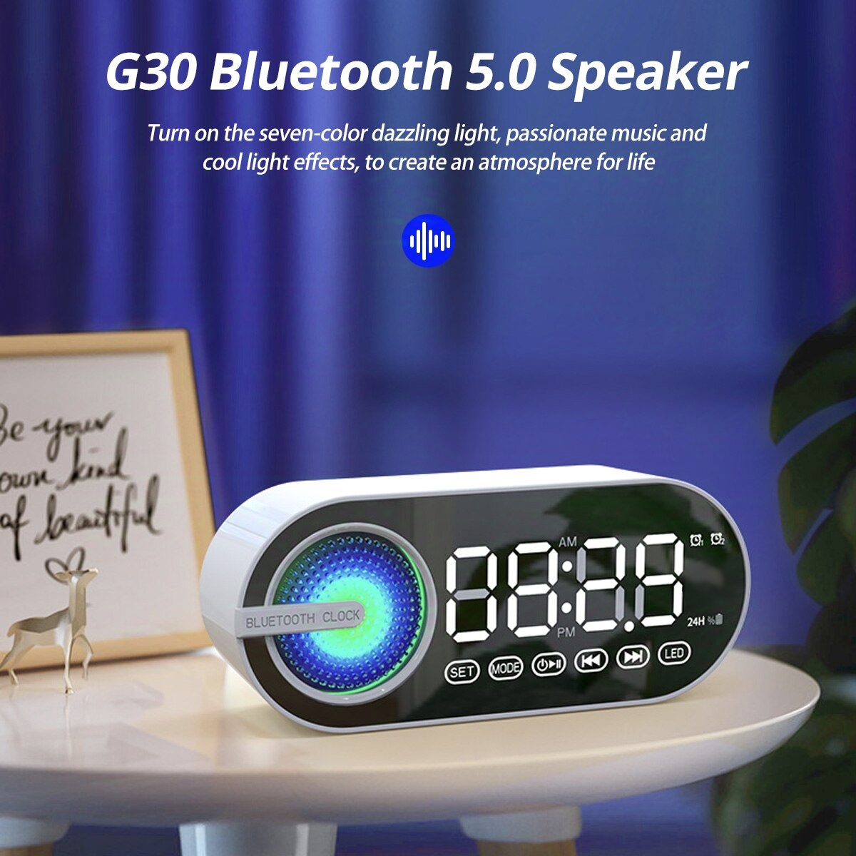 G30 espelho relógio sem fio bluetooth alto-falante usb led fm atmosfera colorida luz baixo pesado portátil presente bluetooth alto-falante