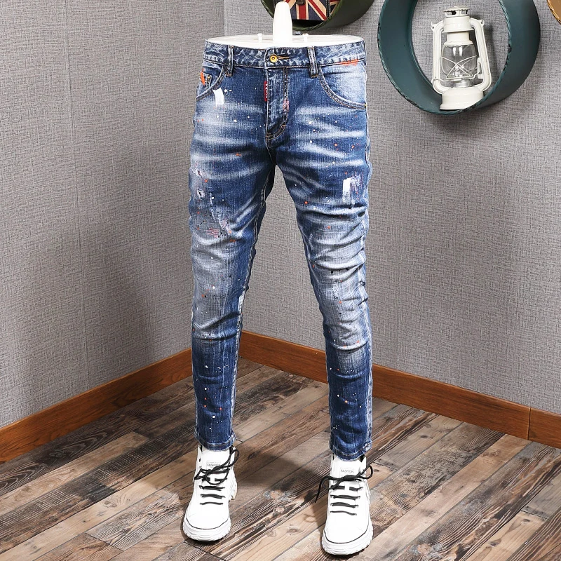 Mode Streetwear Männer Jeans Retro Blau Elastische Slim Fit Zerrissene Jeans Männer Gemalt Designer Elastische Hip Hop Denim Bleistift Hosen