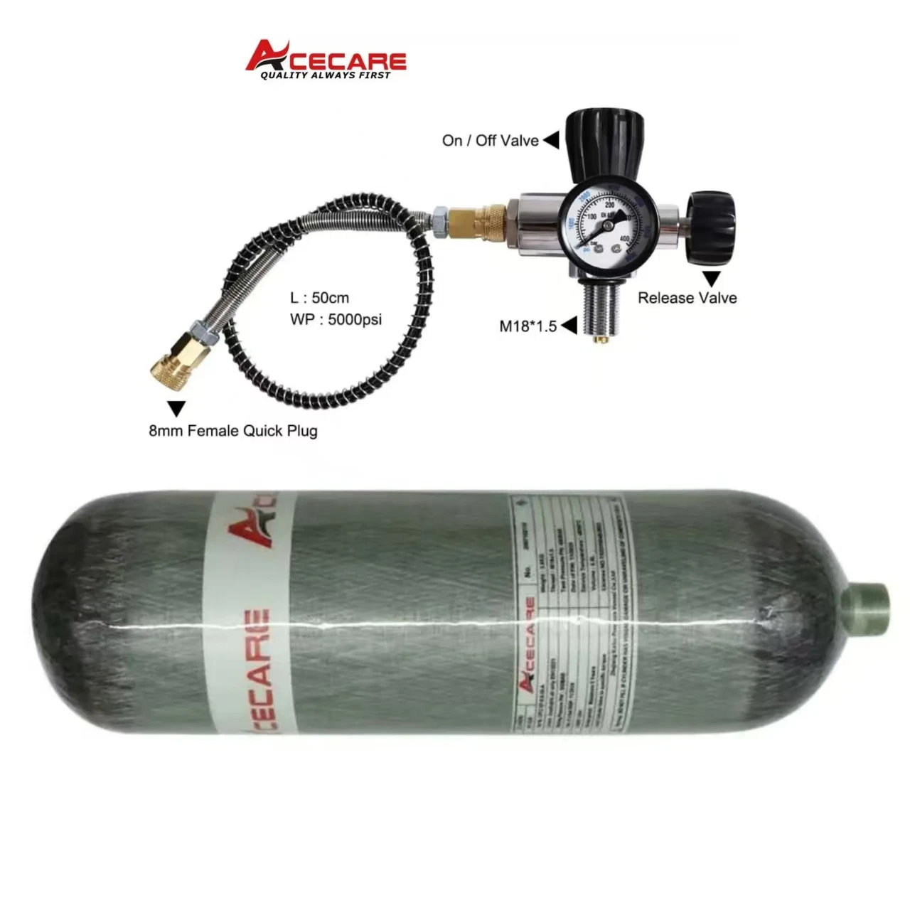 ACECARE 4500Psi 300Bar 6.8L Carbon Fiber Cylinder HPA Tank Diving Bottle Fill Station Valve Charging Regulator Valve M18*1.5
