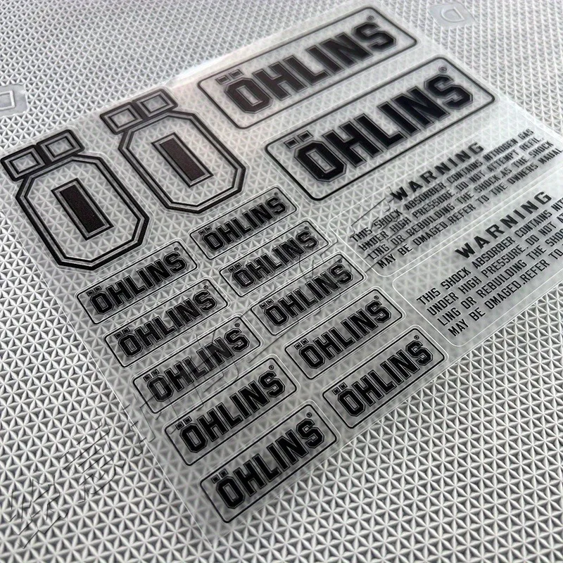Decalques de motocicleta com amortecedor de suspensão Ohlins - adesivos transparentes com etiquetas de advertência para desempenho aprimorado