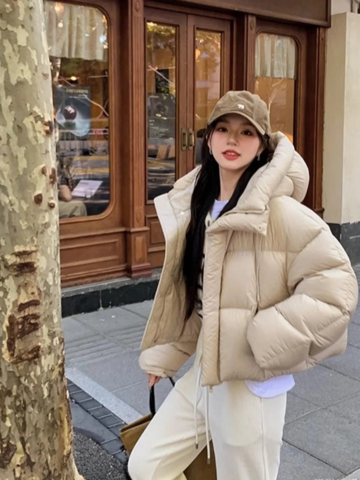 Jaqueta Curta de Aodão Fena Estilo Americano com Capuz Moda de Inverno Design de Tamanho Pequ Roupas Bread