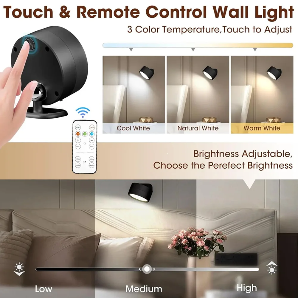 Lampada da parete magnetica a LED Luci magnetiche dimmerabili notturne 360 °   Lampada da notte con faretto per armadio con telecomando Rotazione Touch