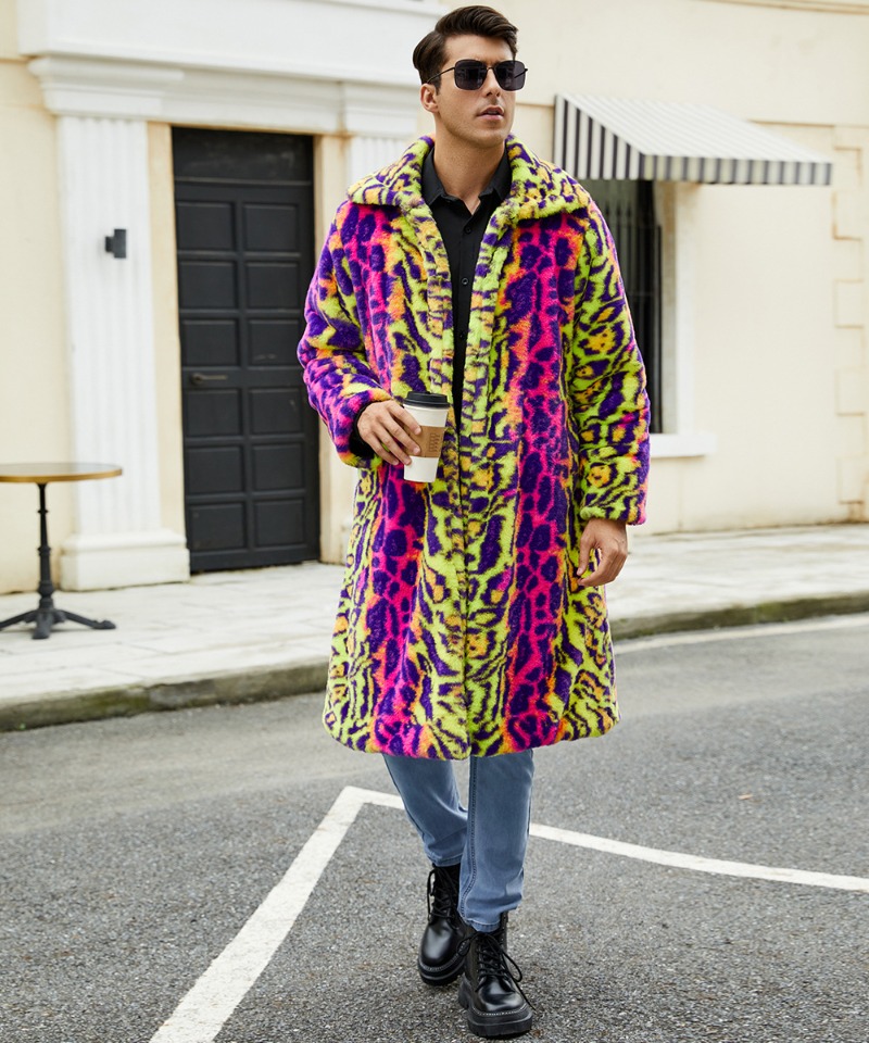 Kontrastierender Mantel aus Kunstpelz mit Leopardenmuster, warmer Herbst- und Wintermantel für Herren