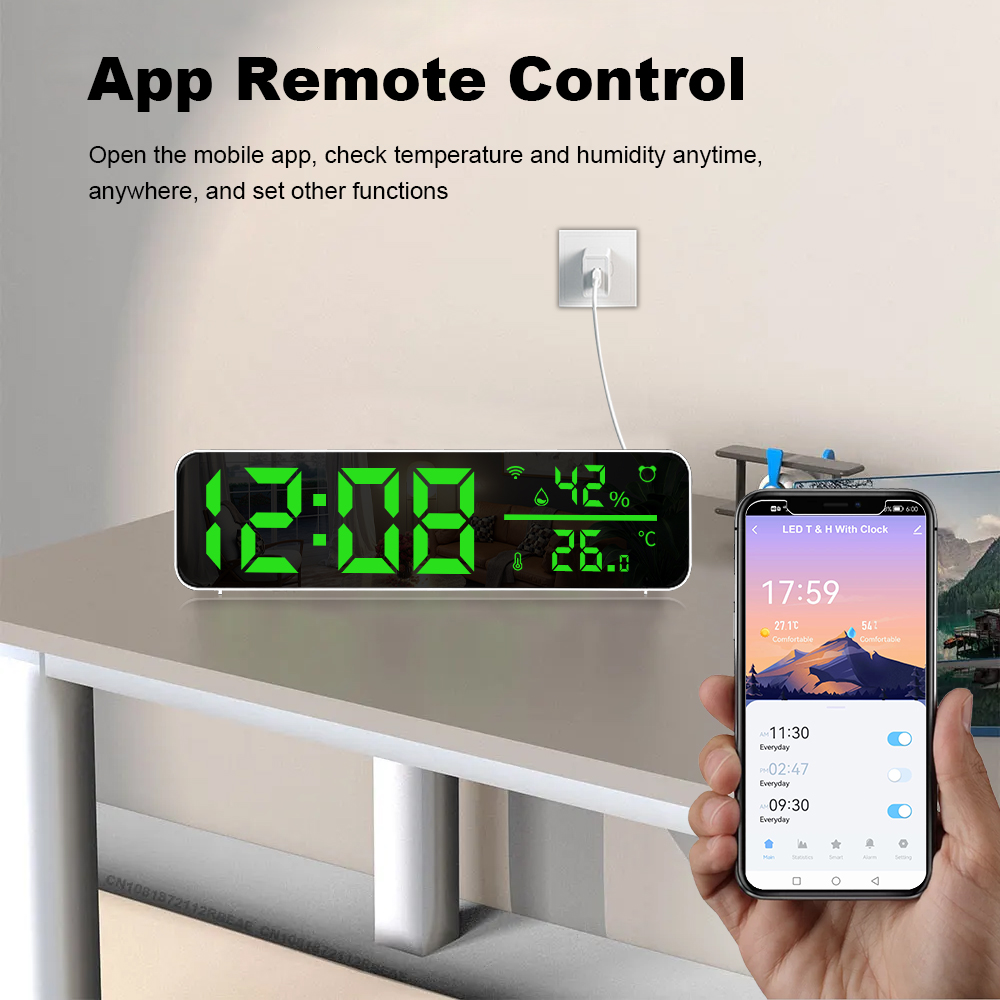 Tuya wifi sensor de umidade temperatura suporte tempo despertador display usb desktop espelho led relógios para sala estar decoração