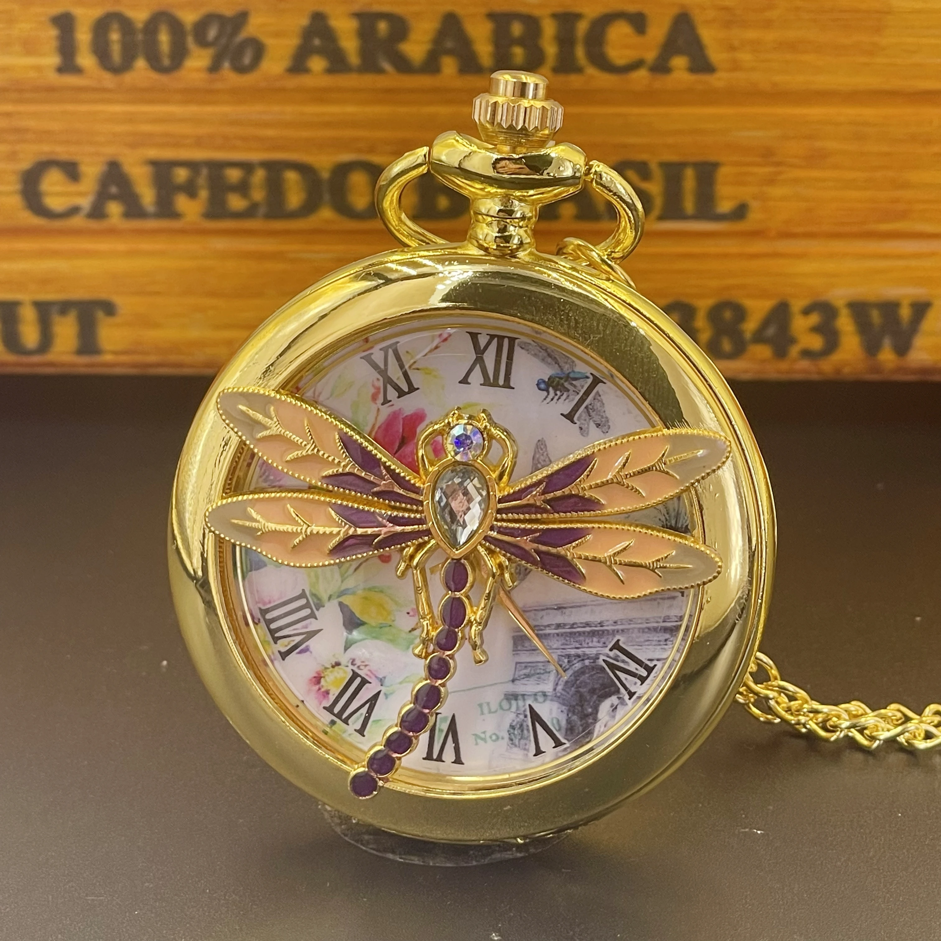 Mode 3D Ausschnitt Mosaik Ziegel Libelle Quarz Taschenuhr Mädchen Elegante Pullover Halskette