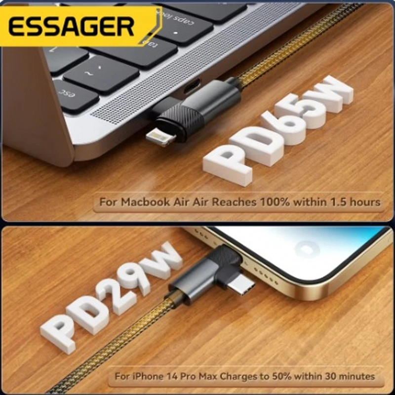 Essager Cable de ángulo recto 2 en 1 C-L 29W C-C 65W Cable de datos de codo de carga rápida para iPhone 16 15 14 MacBook Lenovo Dell iPad Pro