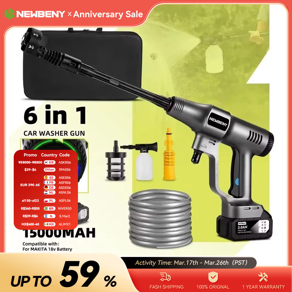 Newbeny 200bar sem escova elétrica lavadora de alta pressão 3 engrenagem sem fio limpeza do carro ferramenta irrigação do jardim para makita 18v bateria