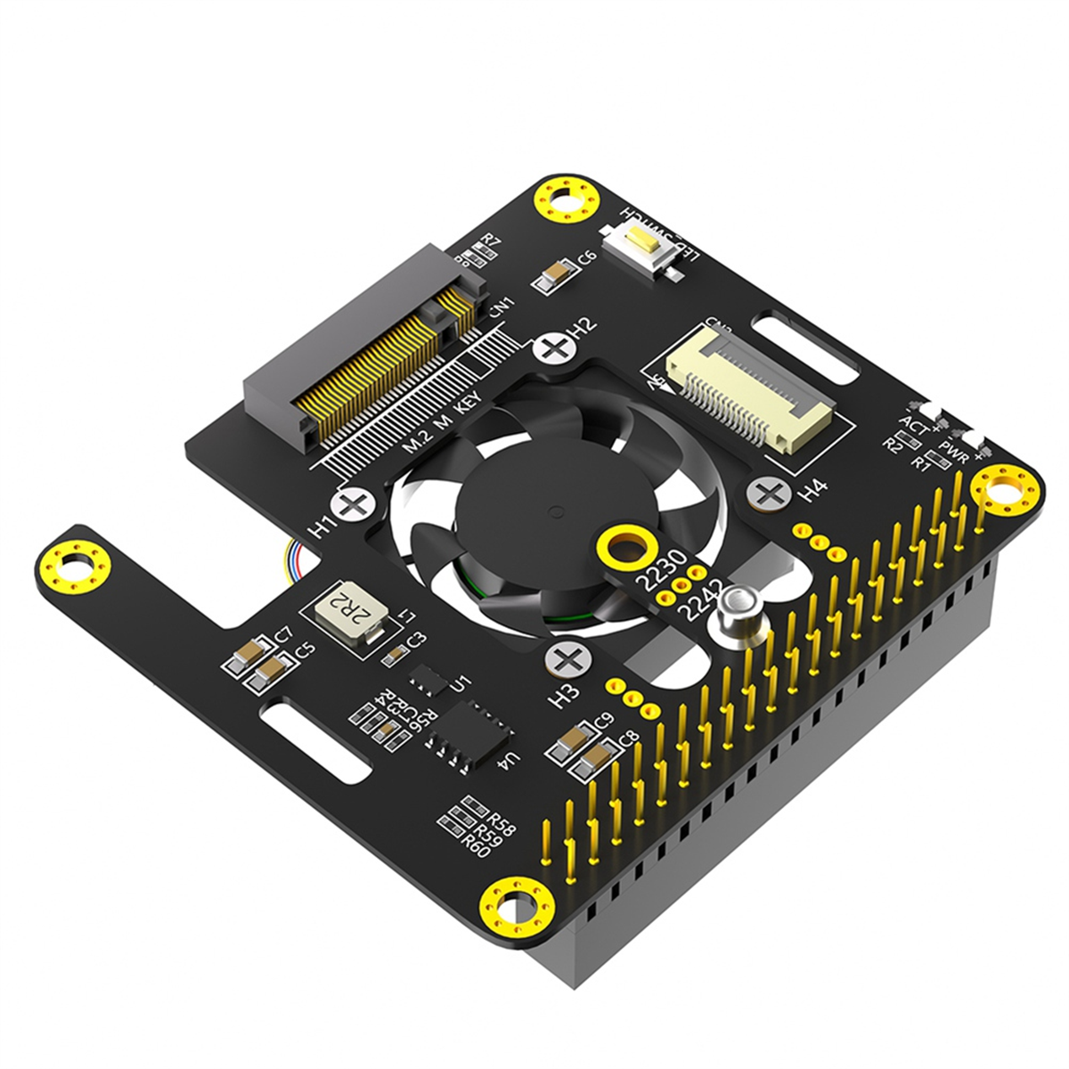 XFDE For Raspberry Pi 5 M.2 NVME to PCIe Adapter Supports M2 2230 2242 M Key NVME SSD with Cooler Automatic Discoloration LED