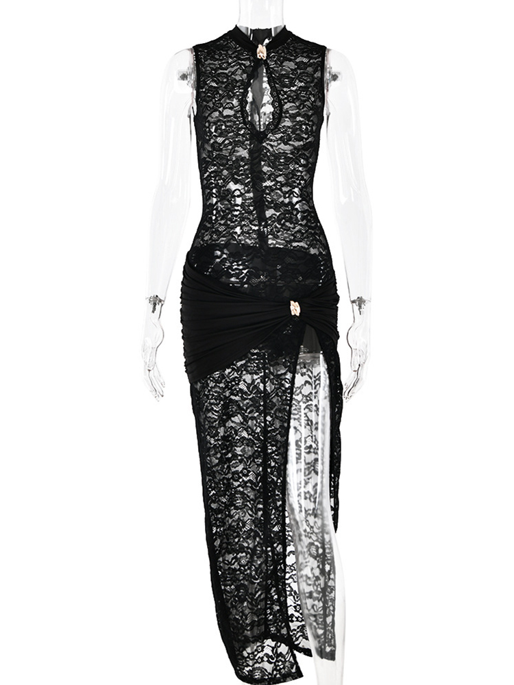 Sibybo Schwarz Spitze Langes Kleid Für Frauen Ärmel Aushöhlen Hohe Schlitz Bodycon Abendkleider Sexy Schlank Party Vestidos
