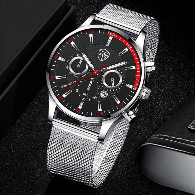 Relojes deportivos de moda para hombres, reloj de pulsera de cuarzo informal de negocios, reloj de correa de malla de acero inoxidable plateado de lujo