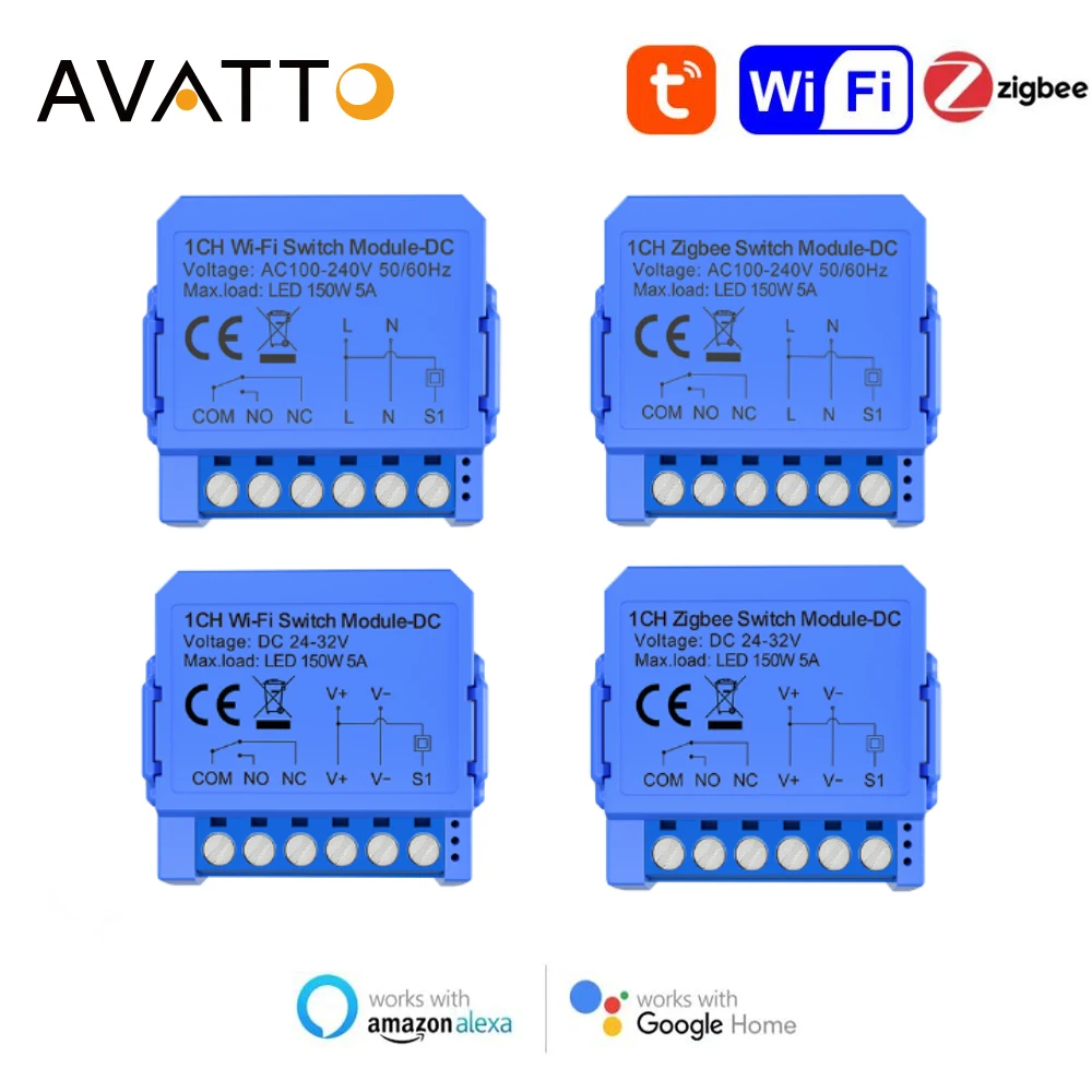 AVATTO Tuya ZigBee/WiFi Smart Module Dry Contact DC 32V AC 100-240V Smart Home DIY Breaker Relay Timer Work for Alexa Google