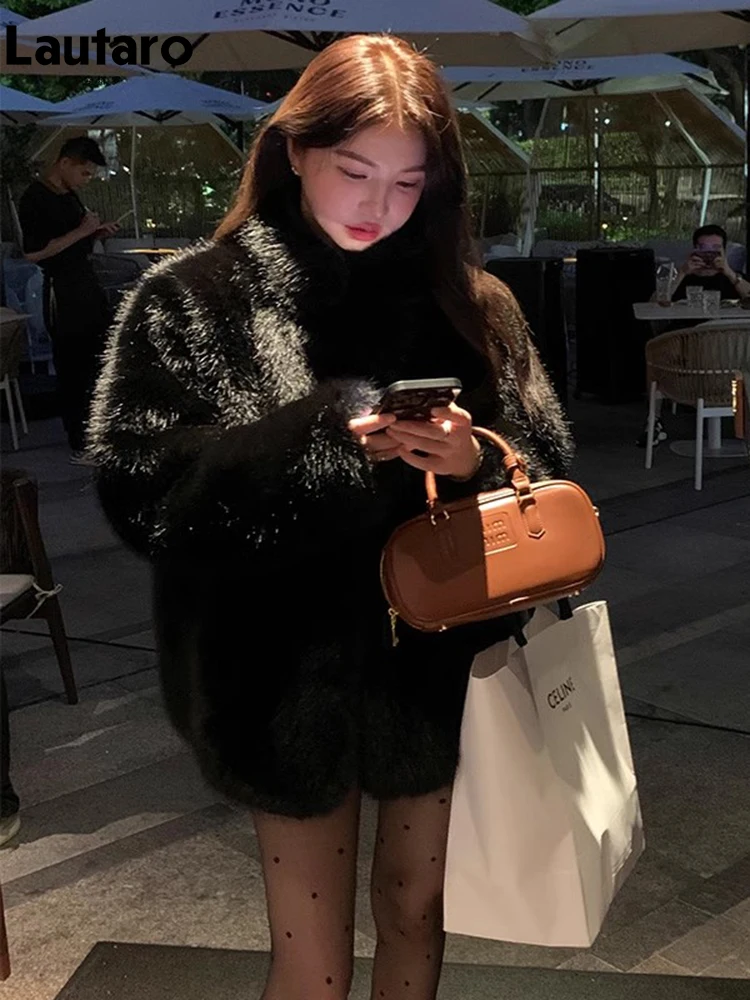 Lautaro-女性のためのフェイクフォックスファーコート、柔らかくて厚い、暖かい、ハーiryシャギー、長袖、スタンドカラー、ふわふわジャケット、黒、秋、冬、2023