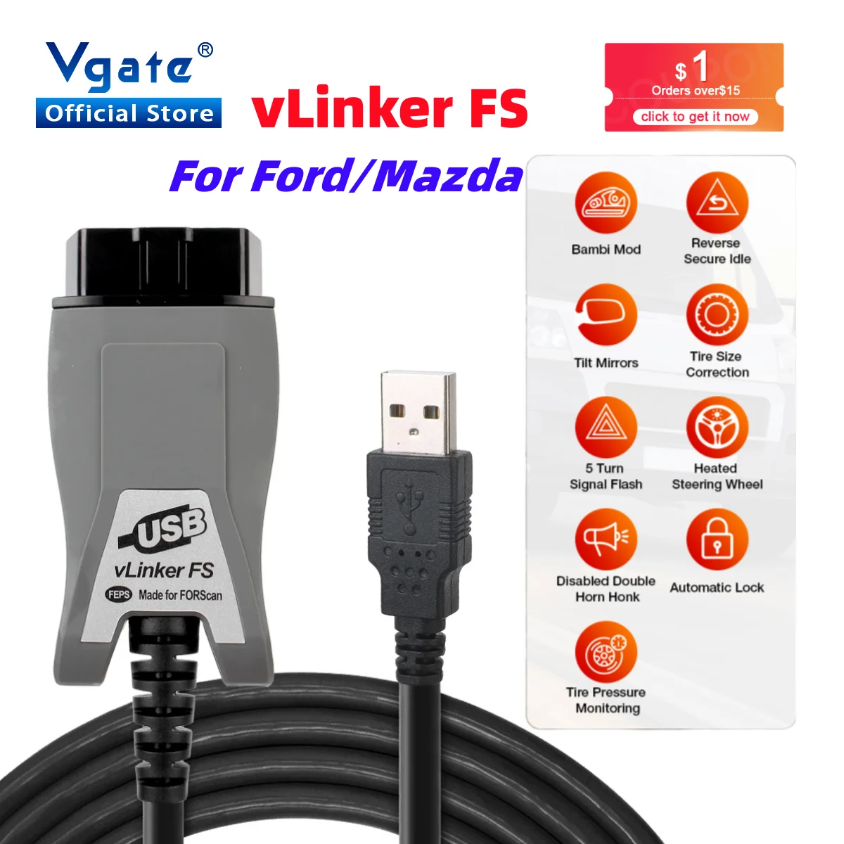 Vgate vLinker FS ELM327 สําหรับ Ford FORScan HS MS สามารถ ELM 327 OBD 2 OBD2 รถเครื่องสแกนเนอร์อินเทอร์เฟซเครื่องมือ OBDII สําหรับ MAZDA