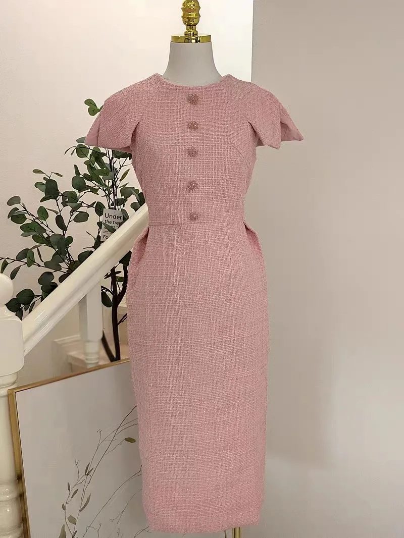 Tailor shop customizes light pink coarse tweed, small fragrant style, elegant buttocks wrapped dress