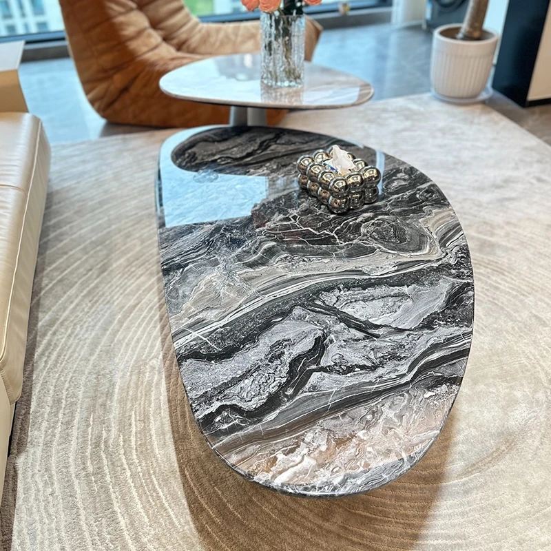 2025 Nova mesa de centro de pedra de luxo: design abstrato de mármore marrom veneziano natural, móveis minimalistas para casas compactas