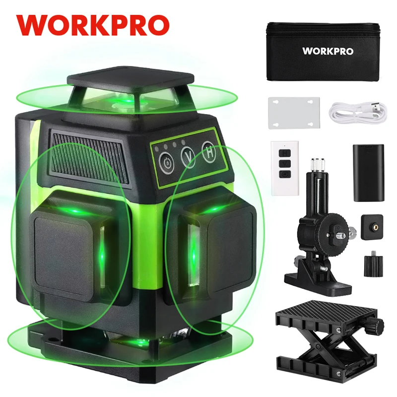 WORKPRO-Nivel láser profesional, herramienta de medición de precisión, 4x360 °, 16 líneas, autonivelante, verde, 2 modos