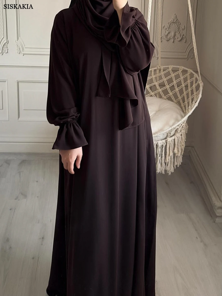 Siskakia sólido modesto abaya mulher muçulmana dubai vestidos com lenço manga alargamento roupas casuais islam dubai oração robe