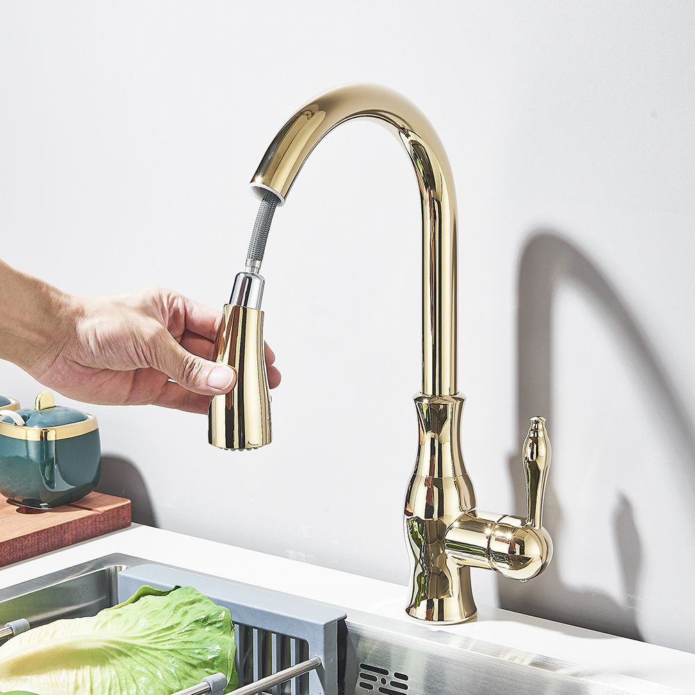 Uythner ouro polonês bico giratório torneira da pia da cozinha puxar para baixo pulverizador design de moda banheiro cozinha água quente e fria misturadora