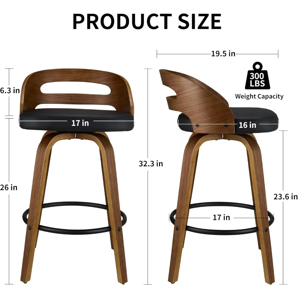 Swivel Bar Stools,Counter Height Chairs with Walnut Wood Frame Leather, Low Back, Footrest & Easy-Clean Design for Kitchen, Bar