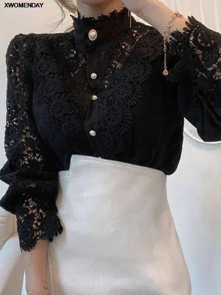 Camisa feminina de chiffon com gola alta chique elegante floral de renda fofa blusa longa de manga comprida oca grande 2024