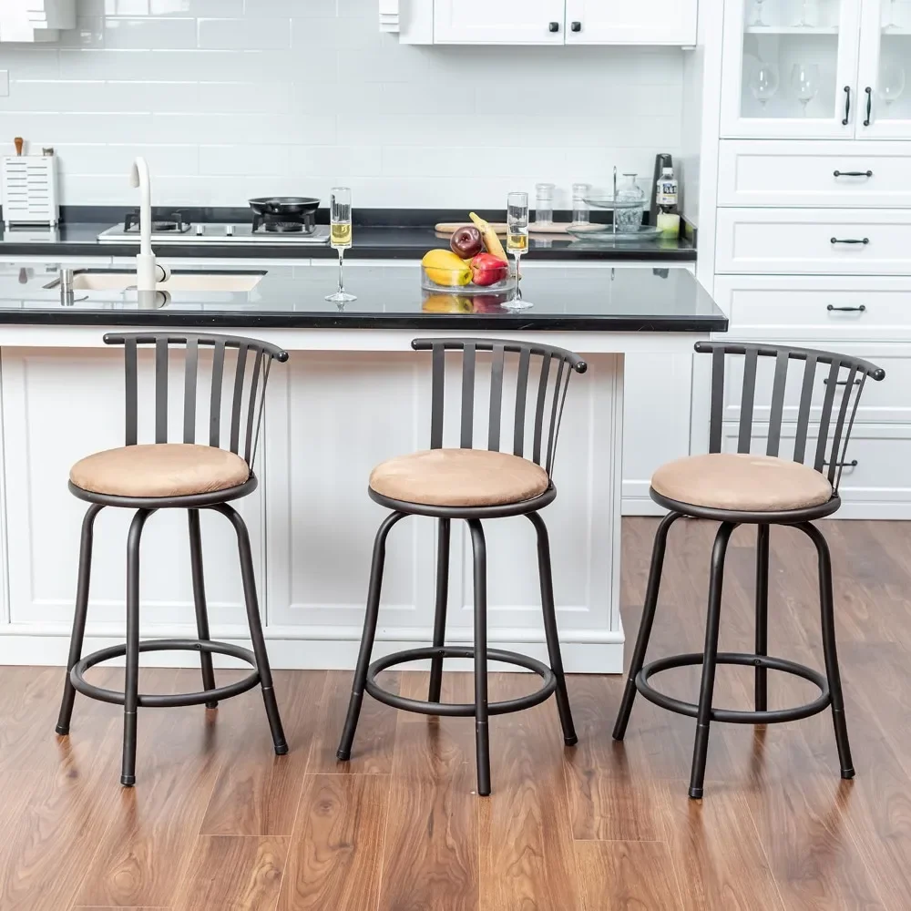 Bar Stools 24 Inches Set of 3, Modern Metal Counter Height Bar Stools with Back,Suede Swivel Round Bar Chairs
