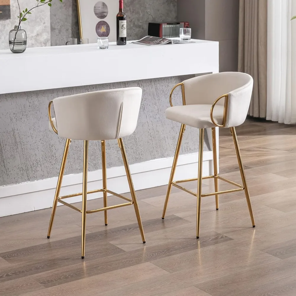Bar Stool Set 2,30" Counter Height Bar Stool Velvet Low Back Chair with Gold Armrests for Kitchen Island/Family Bar/Dining Area