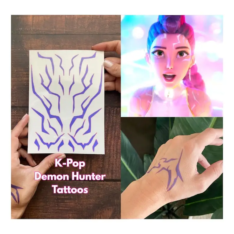 Tatuajes temporales K-Pop Demon Hunters - Juego Rumi y Jinu para cosplay y Halloween |   Diseños de niños HUNTR/X y Saja