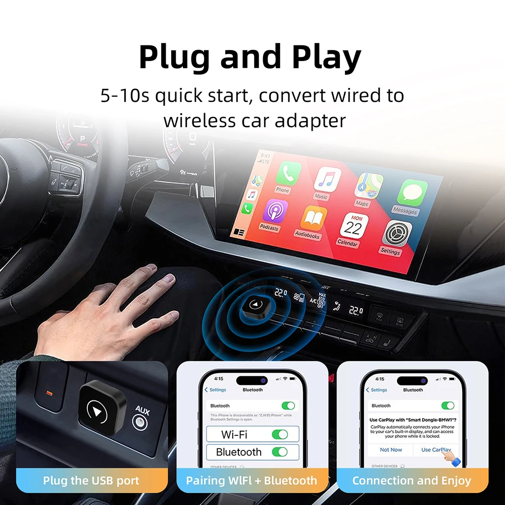 CarPlayอะแดปเตอร์ไร้สายAndroid Auto 2in 1 สมาร์ทDongle 2025 5G WIFIสําหรับiPhoneโทรศัพท์AndroidสําหรับVolvo Benz Mg Kia Chery VW