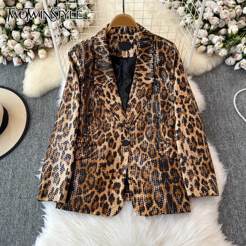 TWOTWINSTYLE, Blazers con temperamento de leopardo para mujer, cuello con muescas, manga larga, botón de retales, chaqueta holgada para mujer, nuevo KJA 513171