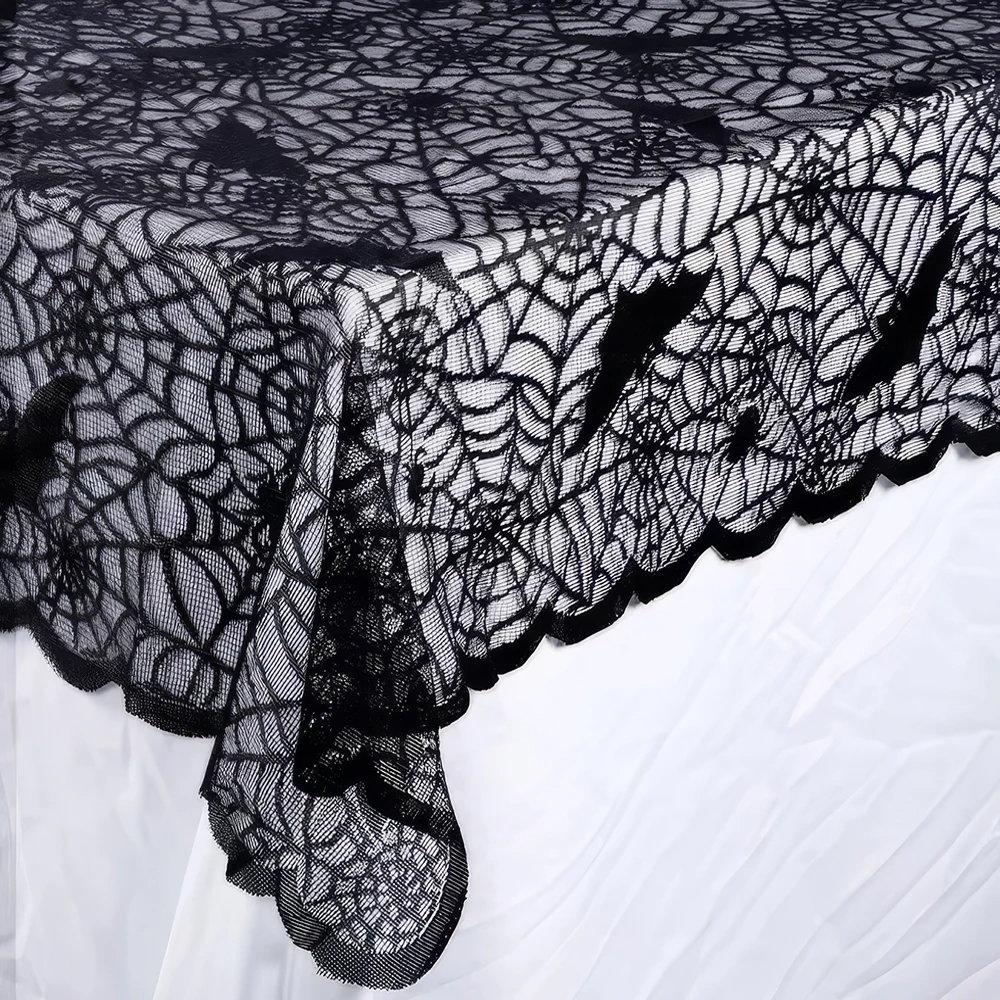 1 Piece Halloween Lace Tablecloth Bat Net Skull Pattern Rectangular Shape For Party Decoration Haunted House Pumpkin Design