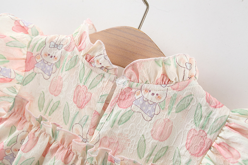 Summer Hardwear Girl Dress Tulip Cartoon Rabbit Print piccole maniche volanti Flower Neck Bow Ribbon Tulip Flower Pattern