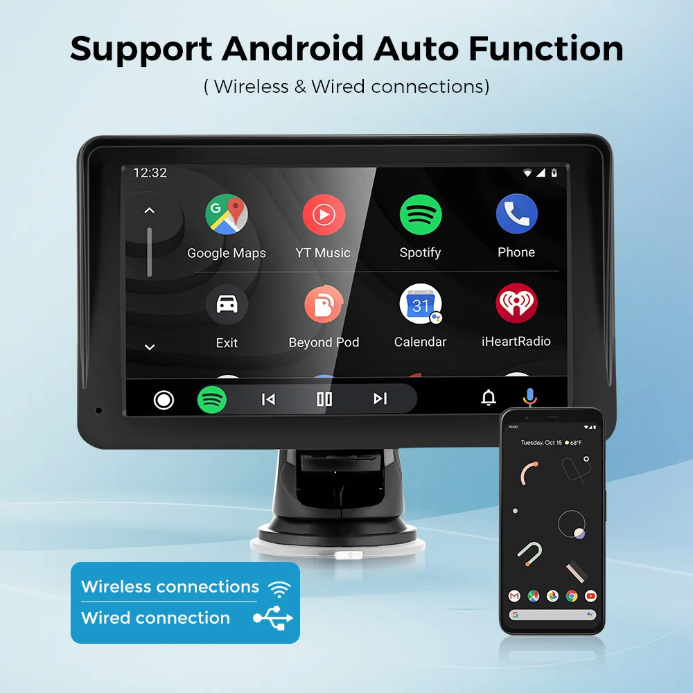 Lettore video multimediale per autoradio portatile Wireless CarPlay Android Auto Touch screen universale da 7 pollici con telecamera posteriore FM