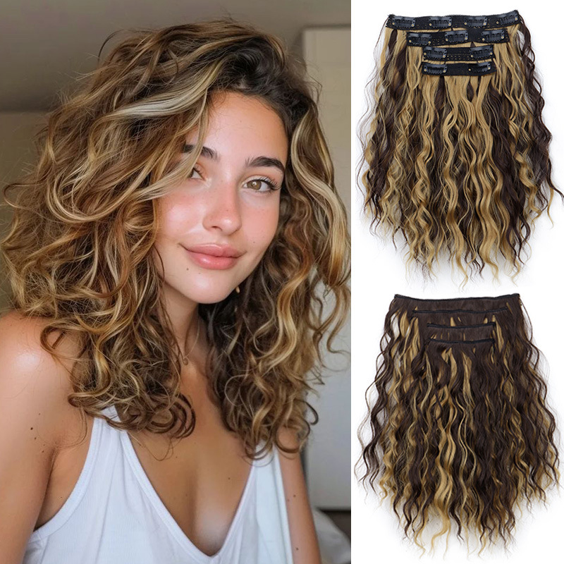 4-teilige Clip-Haare, Wasserwelligkeit, synthetische Perücke, Haarverlängerung, kurze Locken, Wasserwelligkeit, Clip-Haar