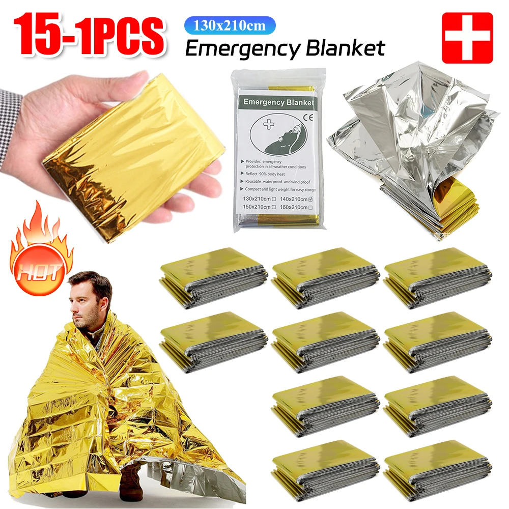 15-1 pçs cobertor térmico de emergência dobrável impermeável à prova de vento pára-sol cobertor de resgate ao ar livre sobreviver primeiros socorros acampamento esteira almofada