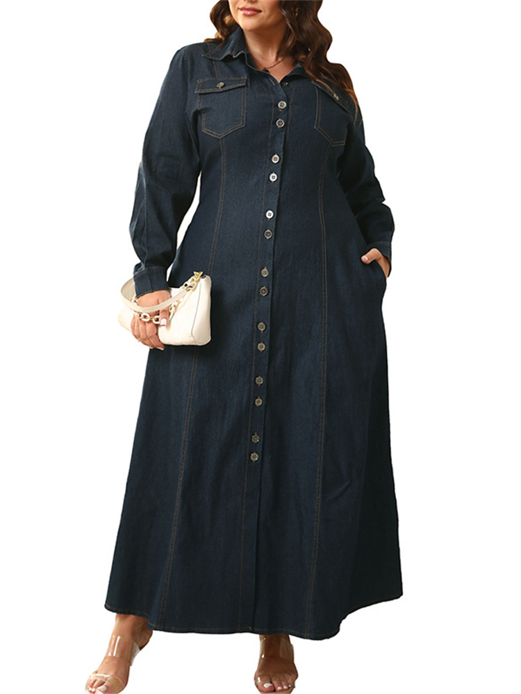 Wmstar-レディースデニムボタンドレス,ラージサイズ,単色,ロング,エレガント,マキシドレス,秋冬服,卸売り,直送