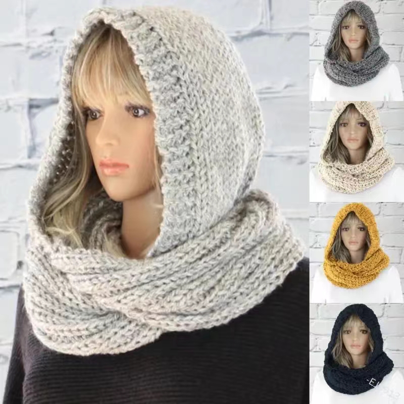 Vrouwen Modieuze Capuchon Slabbetje Effen Kleur Wollen Muts Sjaal Casual Herfst Winter Effen Kleur Warm Gebreide Scraf Cap Nek Wrap