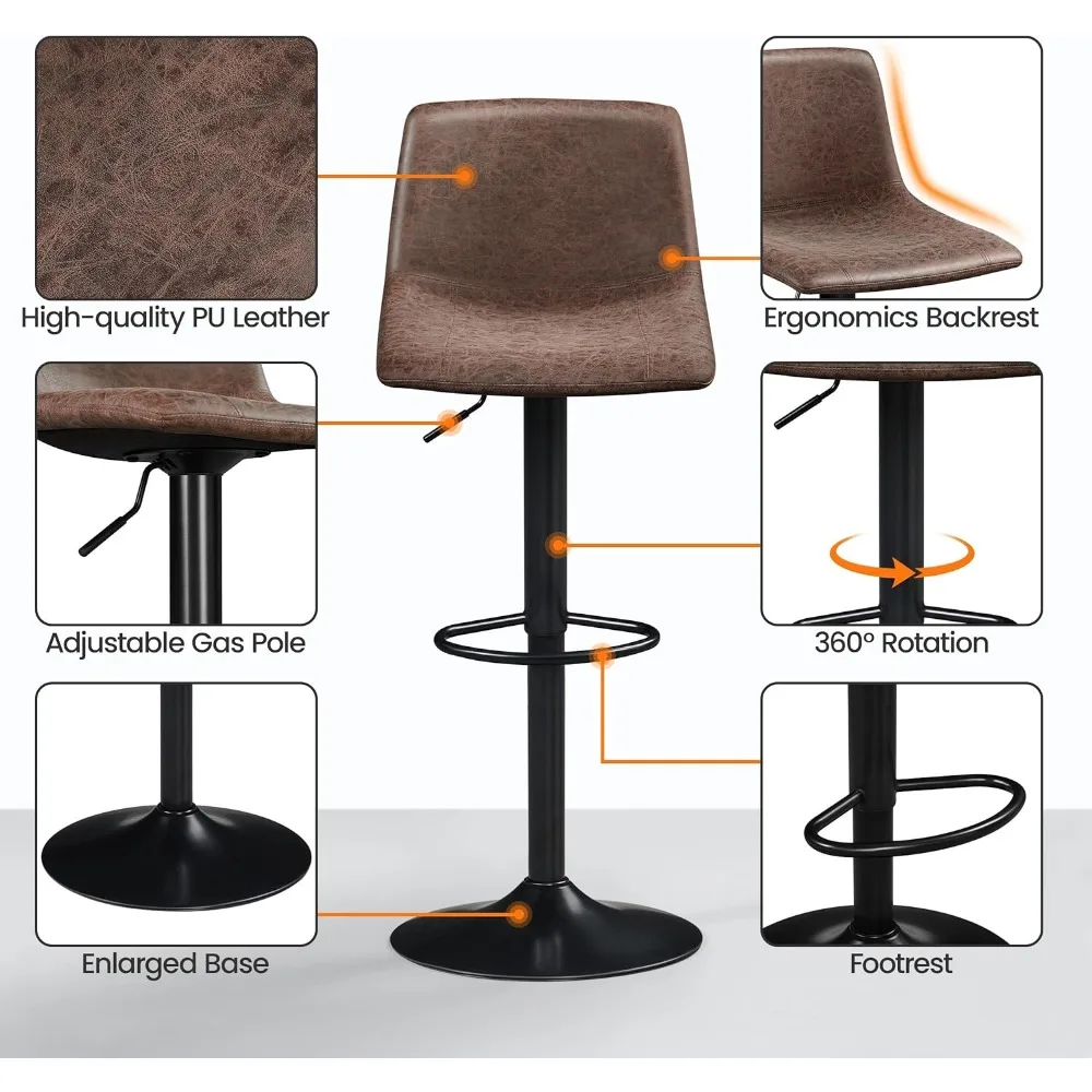 Bar Stools Set of 4, Armless Adjustable Swivel Barstools with Back and Footrest, PU Leather Counter Height Bar Chairs Brown