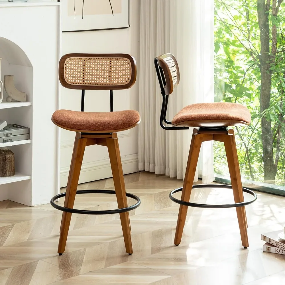 26" Rattan Bar Stools Set of 2 Linen Fabric Counter Height Swivel Barstools with Rattan Backrest and Wooden Legs,Armless Mid Cen