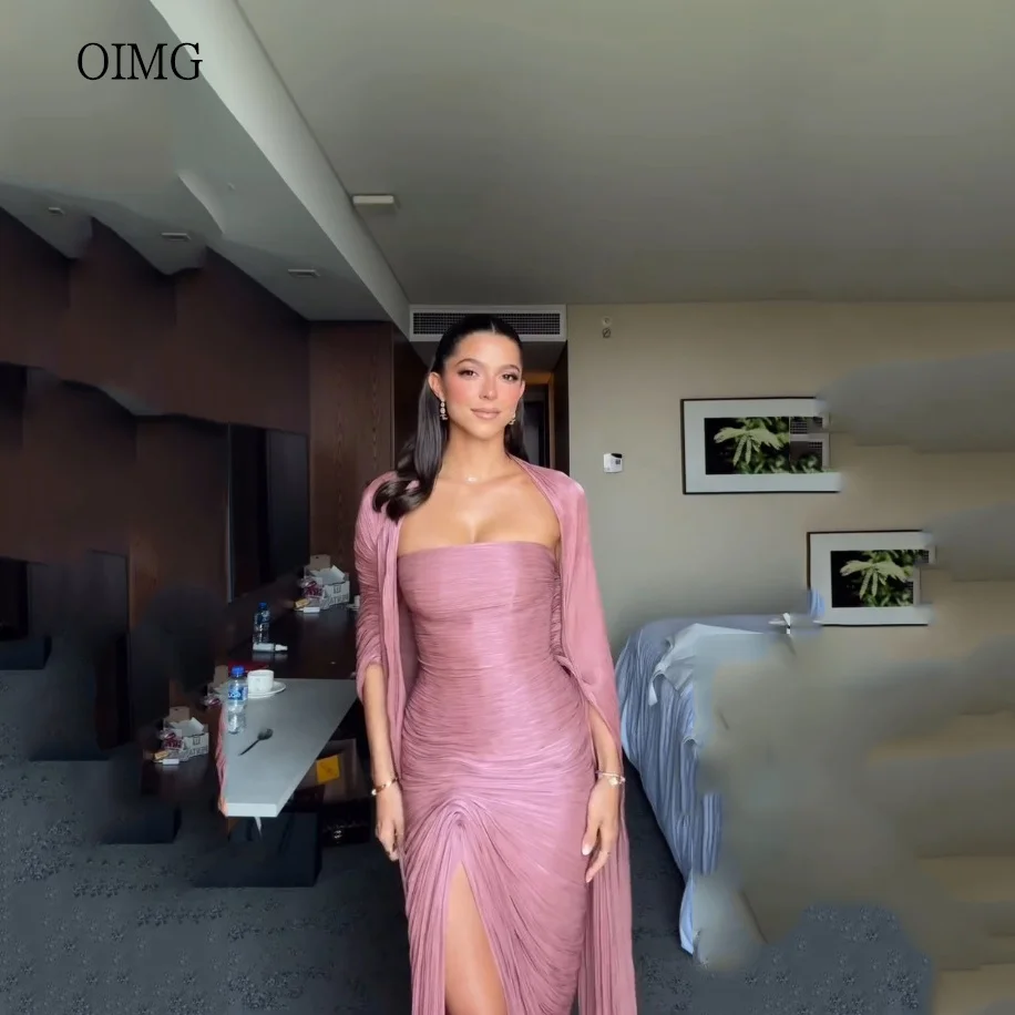 OIMG Glamorous Strapless Mermaid Prom Gowns Cap Sleeves Formal Party Gown Side Slit Floor Length Evening Dress Customized