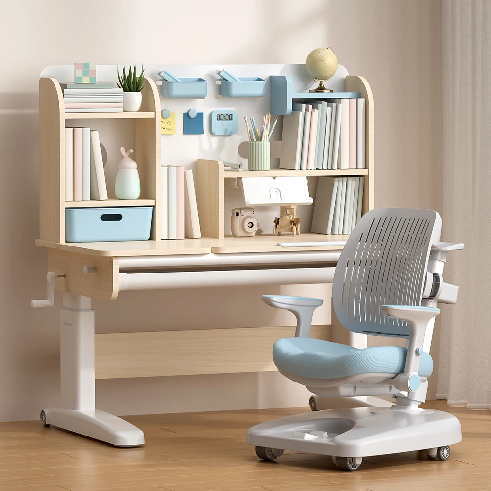 Drewniany, ergonomiczny, wielofunkcyjny stół do nauki dla dzieci Meble domowe Dziecko Dzieci Biurko i zestaw krzeseł z regulacją wysokości