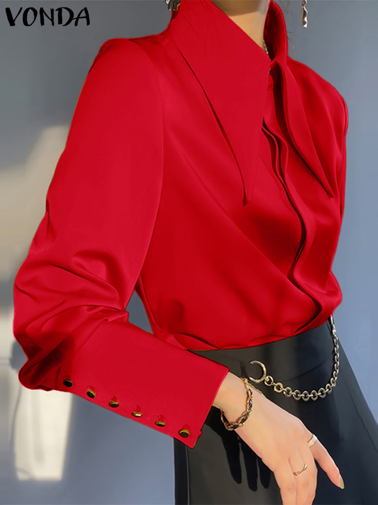 Plus Größe VONDA Dame Büro Shirts Frauen Revers Kragen Bluse 2024 Mode Kausalen Einfarbig Langarm Elegante Tops Femininas