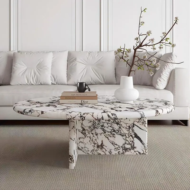 Mesa de centro de mármore natural Carrara – Mesa central moderna para sala de estar com pernas de metal, mesa de console de pedra resistente para sofá
