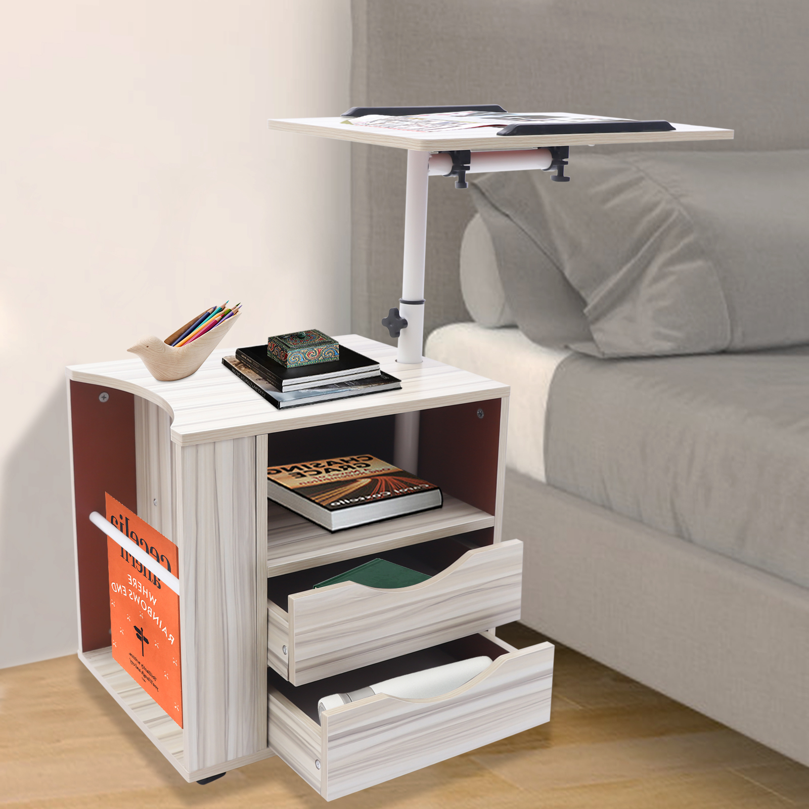 Multi-Layer Storage Desk Lifting Bedside Table End Tables Removable Bedside with Lockable Wheels