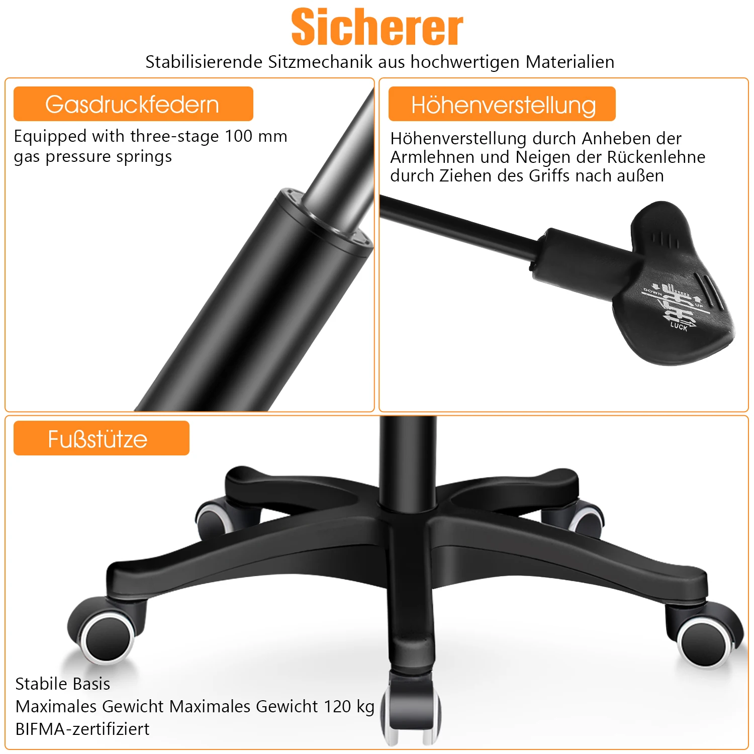 Bürostuhl mit Verstellbaren Armlehnen, Ergonomischer Schreibtischstuhl mit Netzbespannung, Lordosenstütze, Höhenverstellbarer, Gepolstertem Sitzkissen, 360° Drehstuhl, Schwarz