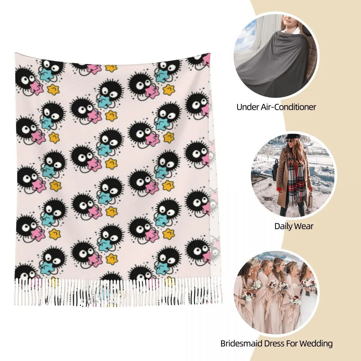Soot Studio Ghibli Bufanda Bufandas con borlas Mujer Chales y chales suaves y cálidos Chal grande para otoño e invierno