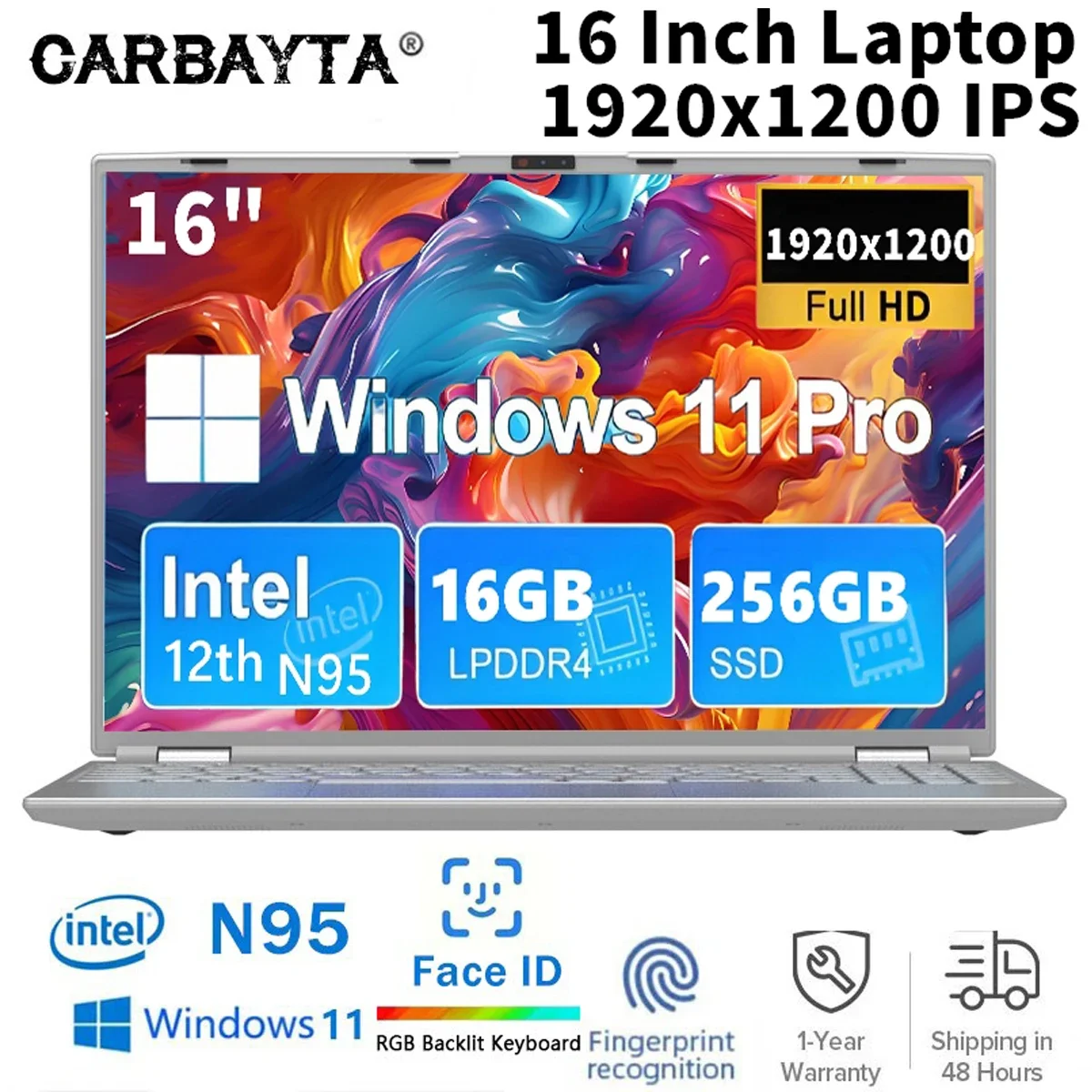 Face ID Intel Office Notebook N95  16" Laptop 16GB 32GB RAM Max 2TB ROM Windows 11 Pro Wifi 5 BT 4.2 RGB Keyboard